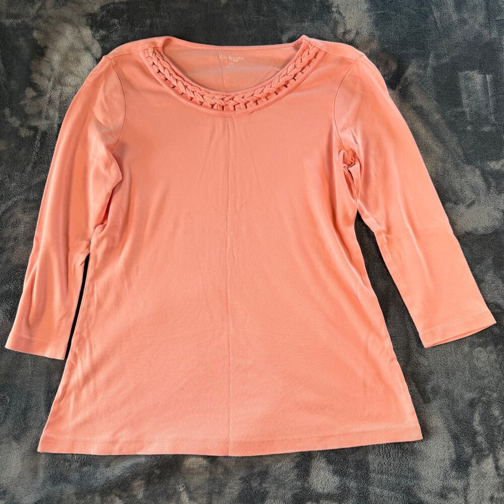 Kim Rogers Petite Womens PM Coral Cotton 3/4 Sleeve Braided Neck Top